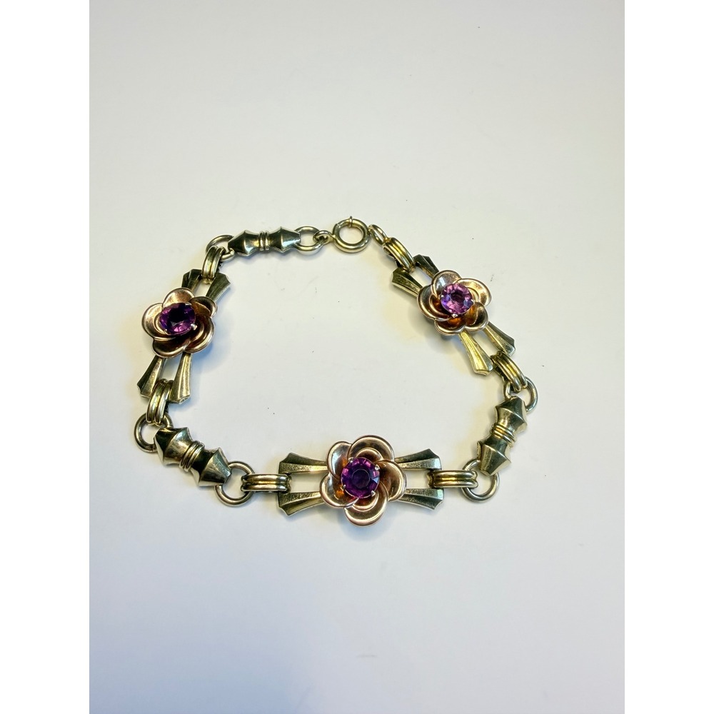 Vintage 1/20 12K Gold Filled Floral Bracelet Purple Glass Stone
